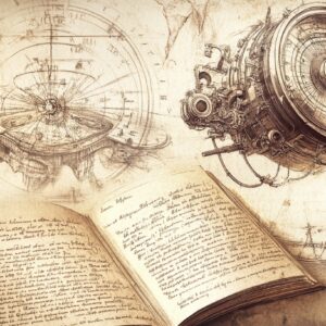 An antique book and steampunk-inspired mechanical drawings.