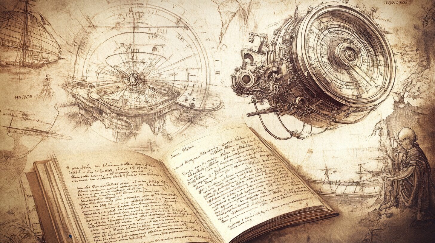 An ancient open book with steampunk airship sketches in the background.