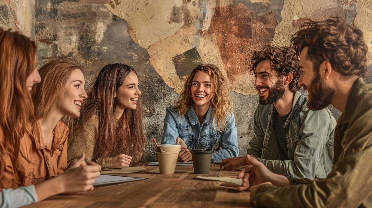 Friends enjoying coffee and conversation at a cozy café.