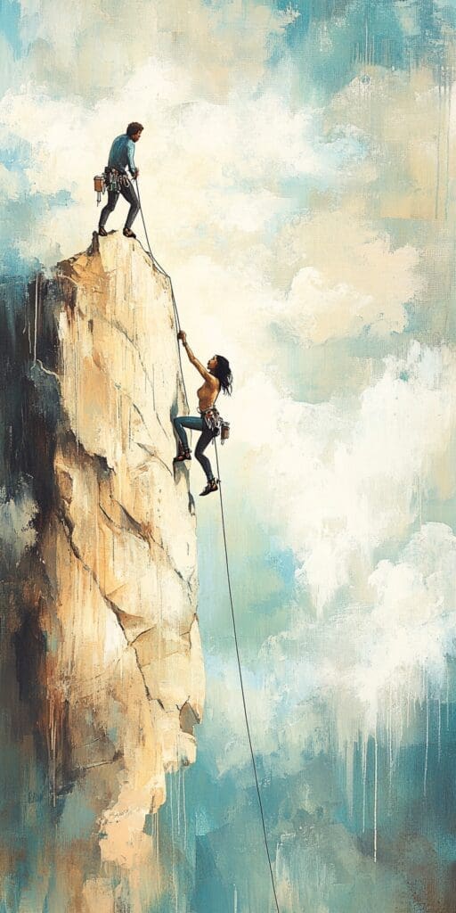 A person climbing a steep rocky cliff with a rope.