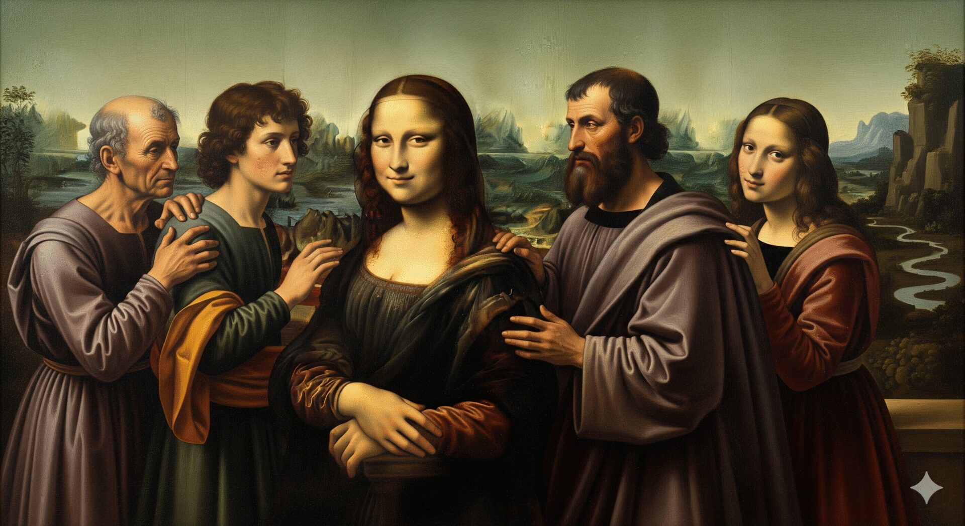 The Mona Lisa stands between two men in Renaissance attire.