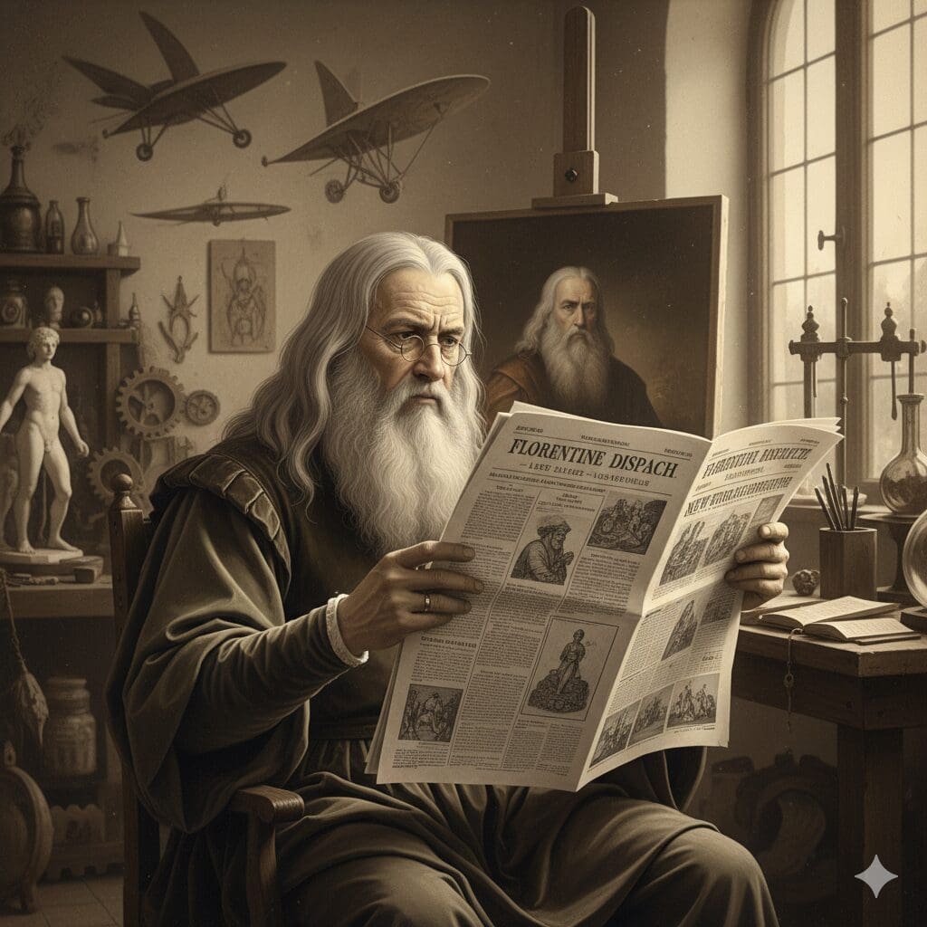 An elderly man reading a newspaper in a vintage study.