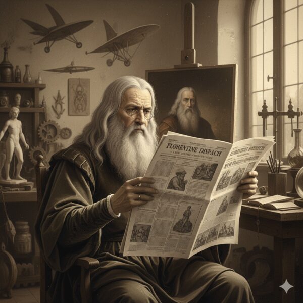 An elderly man with a long beard reads a newspaper in a vintage study.