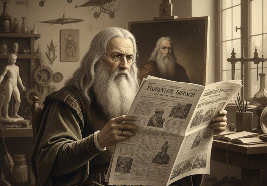 An elderly man reading a newspaper in a vintage study.