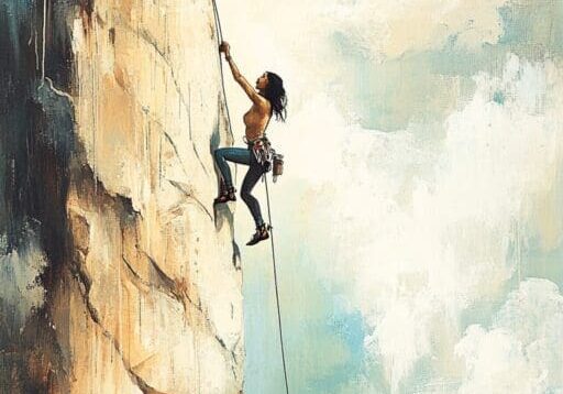 A person climbing a steep rocky cliff with a rope.